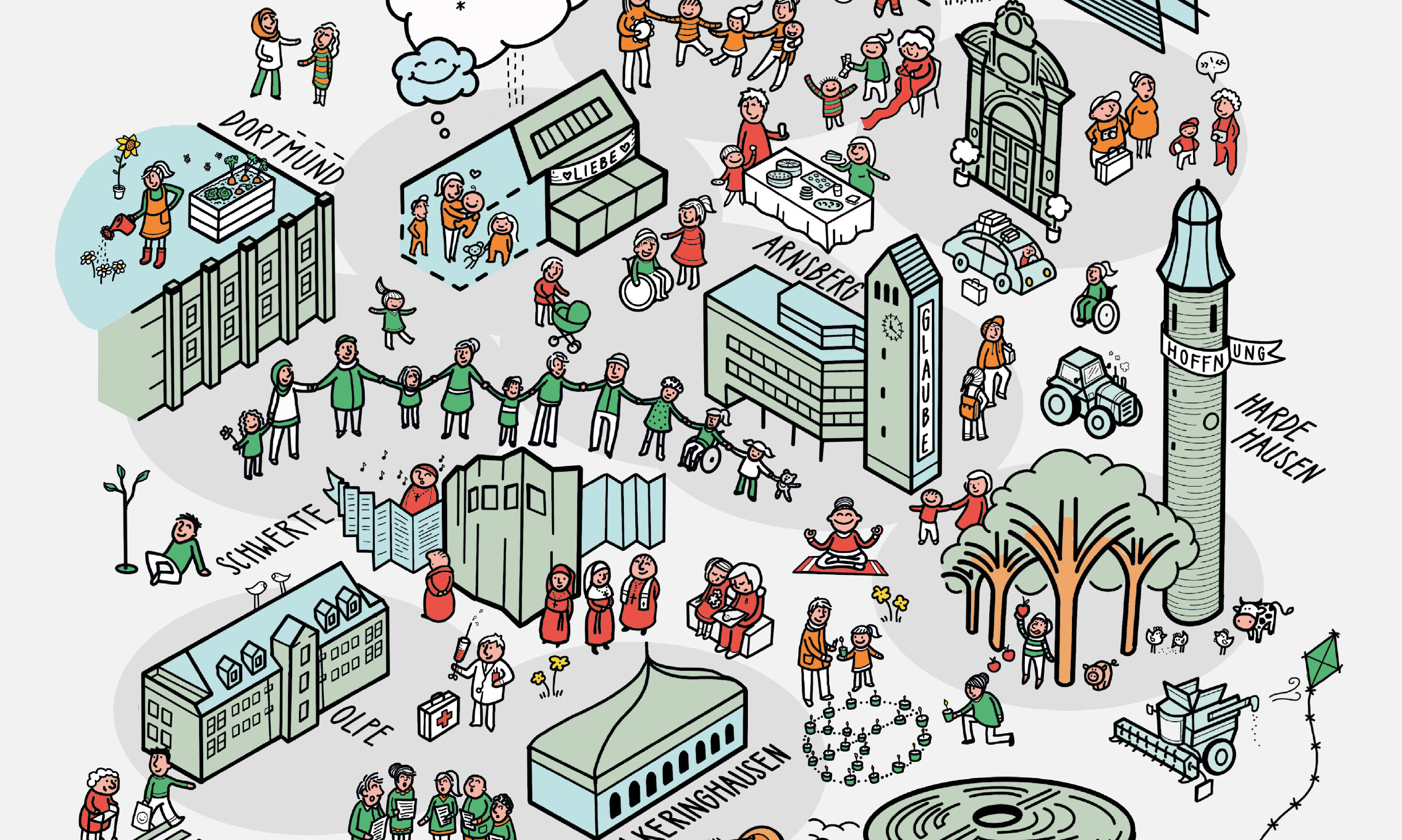 Wimmelbild mit allen Einrichtungen von bilden und tagen