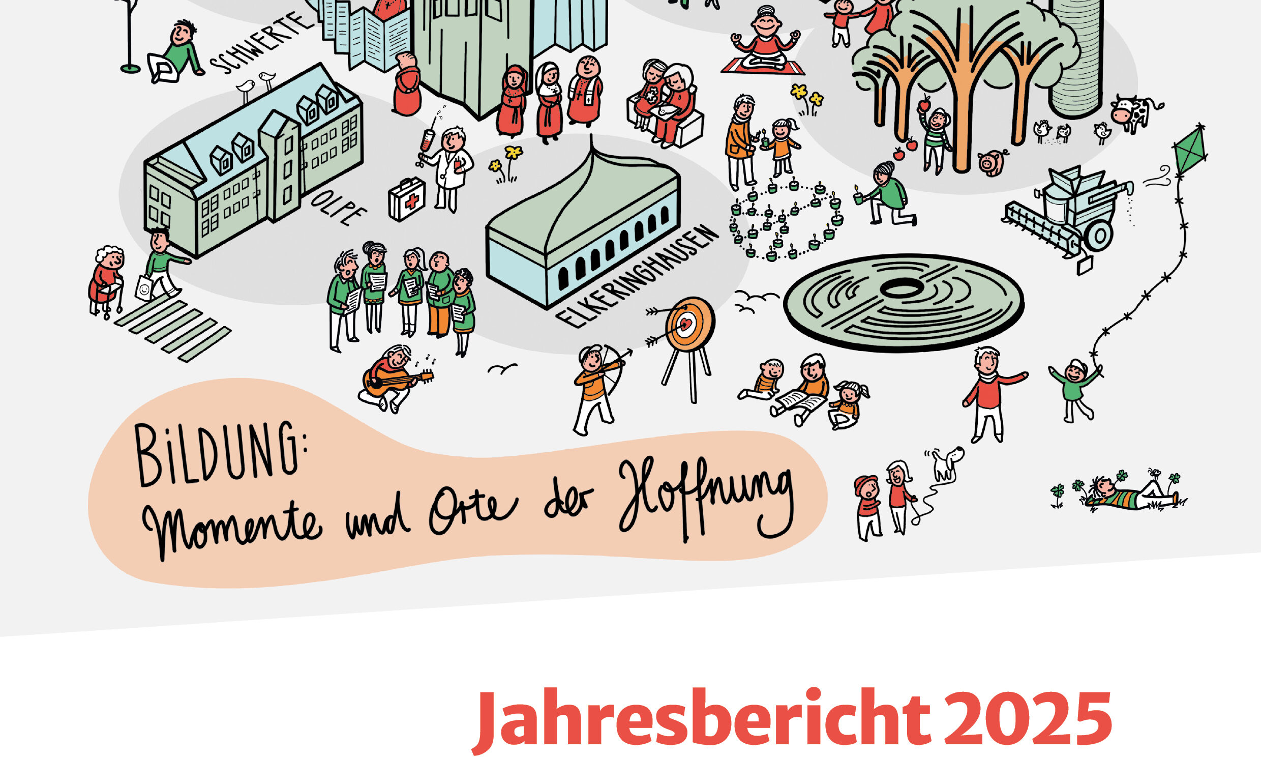 Wimmelbild mit allen Einrichtungen von bilden und tagen