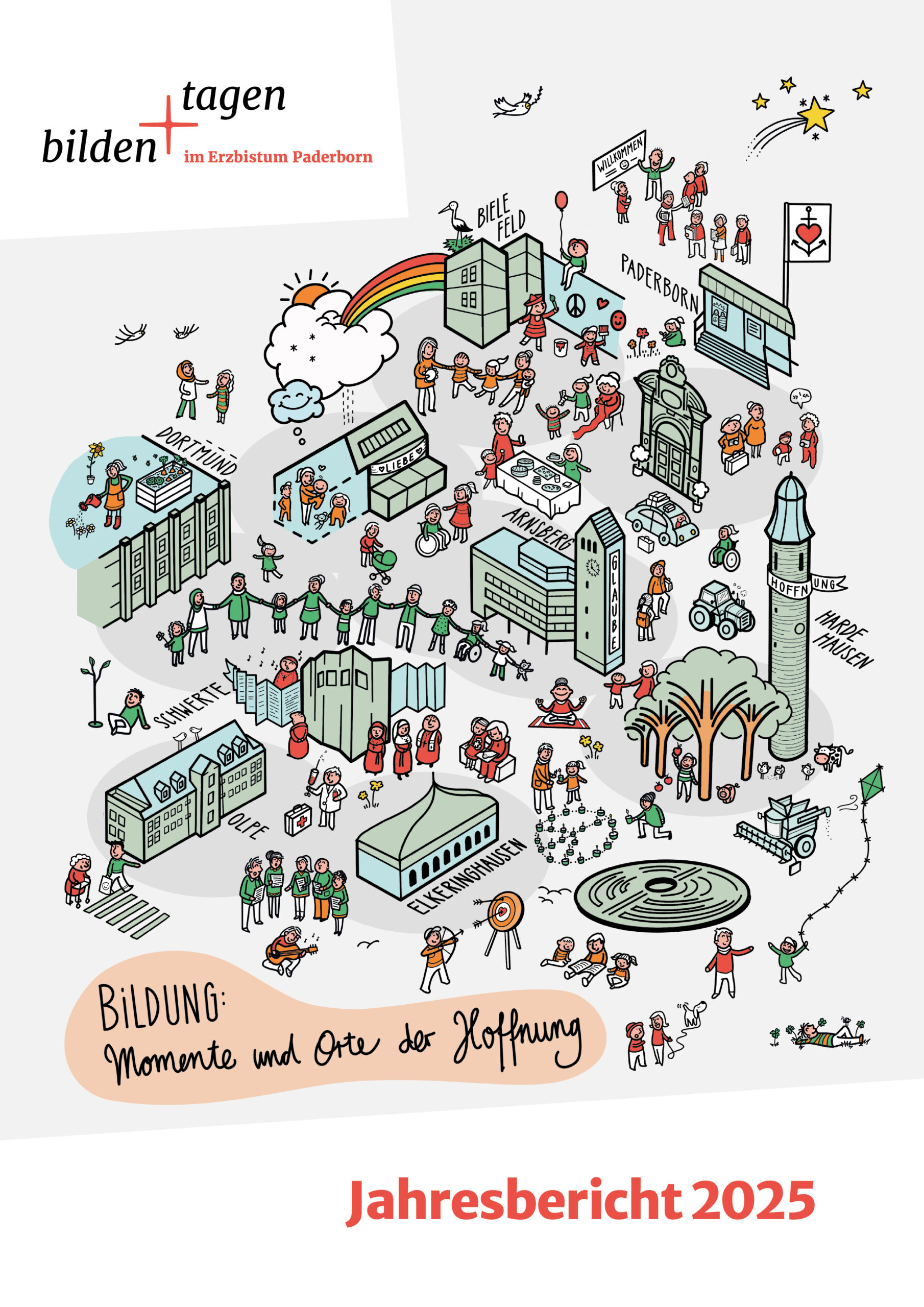 Wimmelbild mit allen Einrichtungen von bilden und tagen