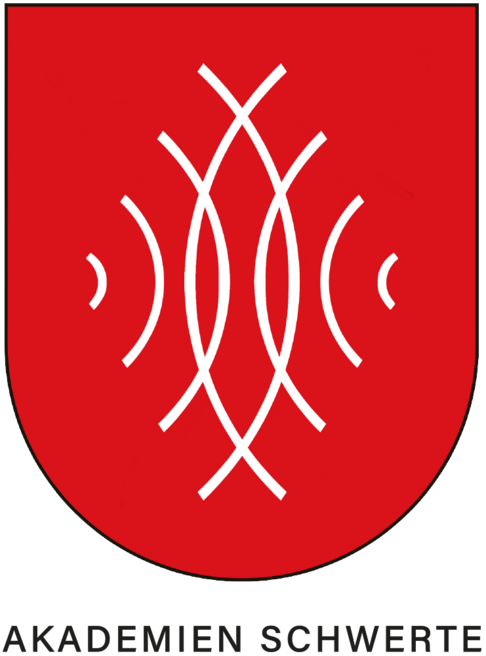 Logo in Form eines Wappens in rot und weißer Grafik von verschieden Halbkreisen